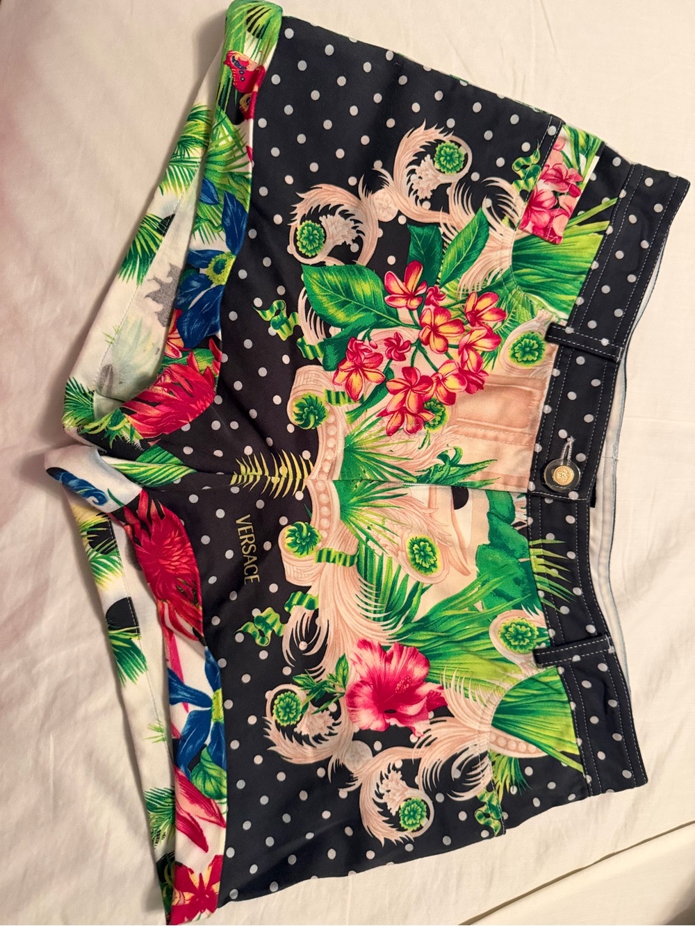 Versace Black Polka Dot Floral-Accent Button Shorts